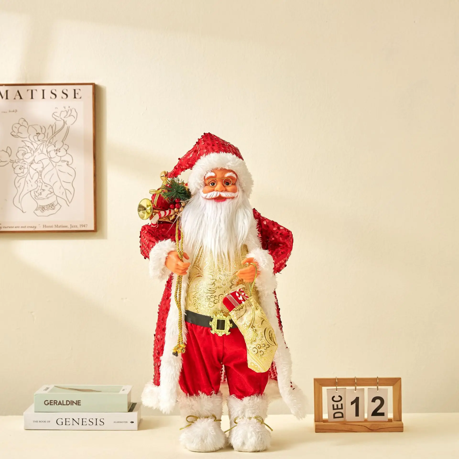 17.7inch red sequined Santa Claus standing figure with a white beard and glasses as a Christmas and New Year gift