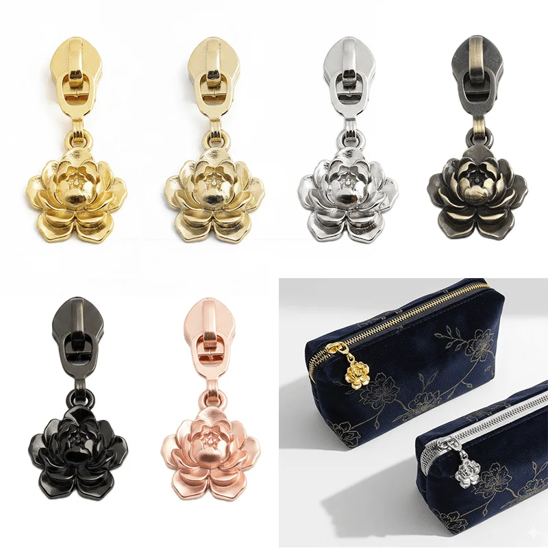 5/10/15/20PCS Premium Quality 5# nylon Lotus Flower Zipper Pull Decorative Zipper Tab for Handbag Wallet Clothing DIY Craft
