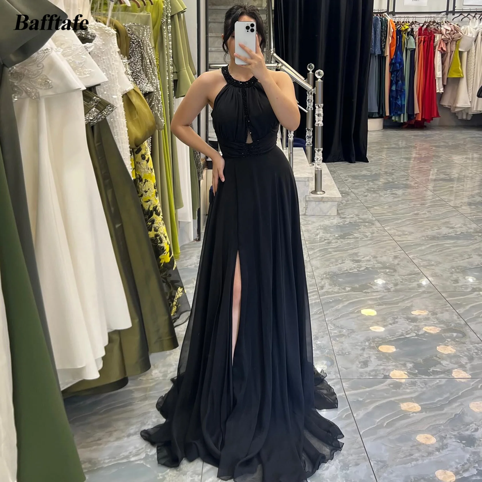 

Bafftafe Black Chiffon Women's Prom Dresses Customized Halter Beading Formal Party Evening Dress Split Special Occasion Gowns