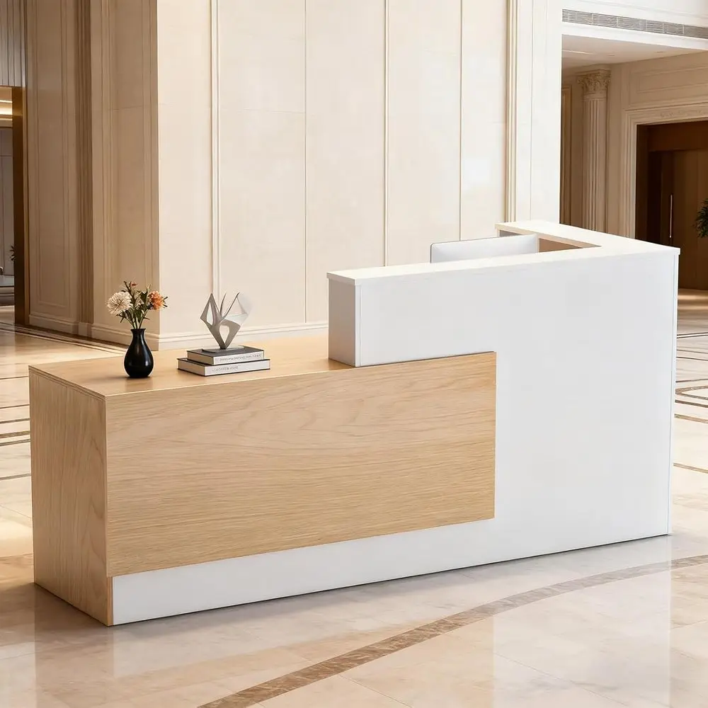 

Большая Г-образная деревянная стойка регистрации с запираемыми ящиками, хранилищем и подставкой для клавиатуры, натуральное дерево/белый, 71 л x 42 Вт x 41 час