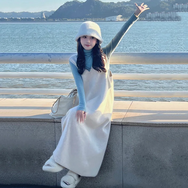 Gaun Vest Rajut Gaya Korea 2025 untuk Kehamilan dengan Atasan Berlapis, Set Dua Potong Longgar untuk Ibu Hamil, Nyaman, Santai, dan Chic