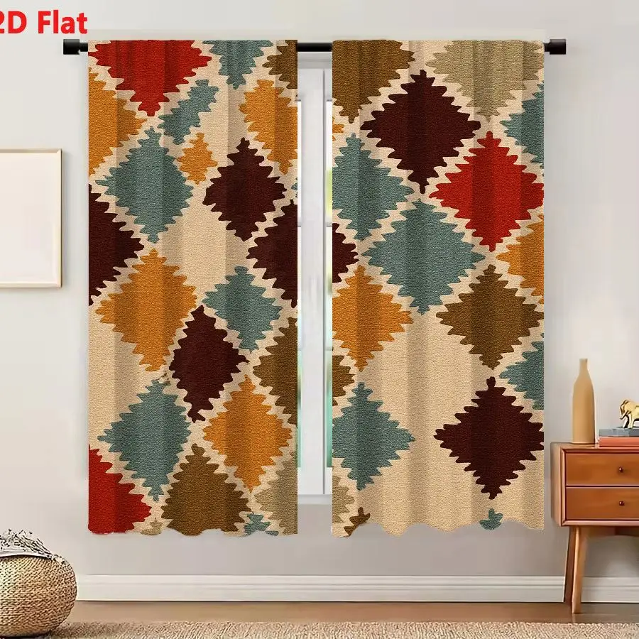 2Pcs Curtains 2D Flat Vibrant Southwestern Geometric Diamond Pattern Rug With Earthy Burgundy Ochre And Olive Green Tones Window