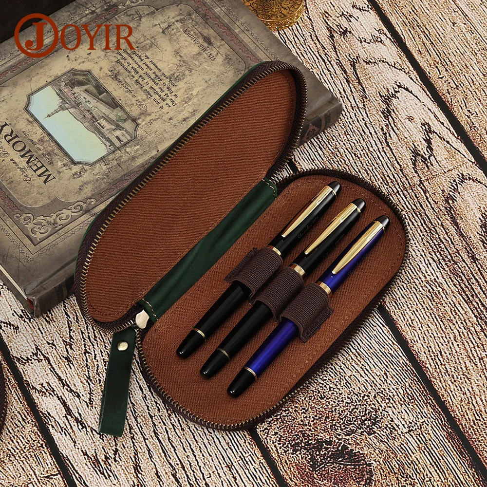 JOYIR Genuine Leather Zipper Retro Pen Pouch Pencil Case for School Students Stationery Cowhide Men Pencil Bag with Pen Slots