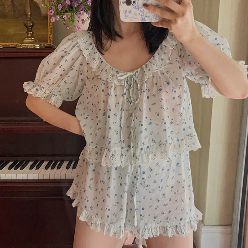 Women Summer Sweet Short Sleeves 100% Cotton Floral Sleepwear French Vintage Loose Short Pants Pajamas Thin Light-Weight Pijamas