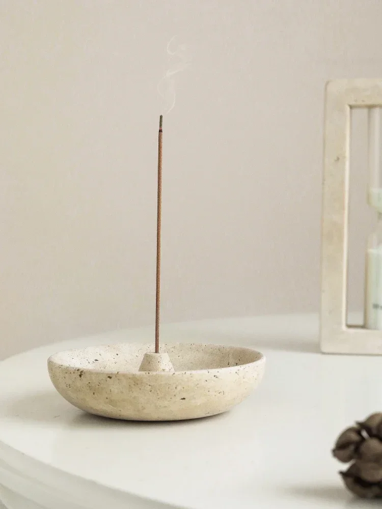 Natural Travertine Incense Stick Holder Round Incense Disc Natural Marble Incense Burner and Ash Holder Home Decor 10*10*2.7cm