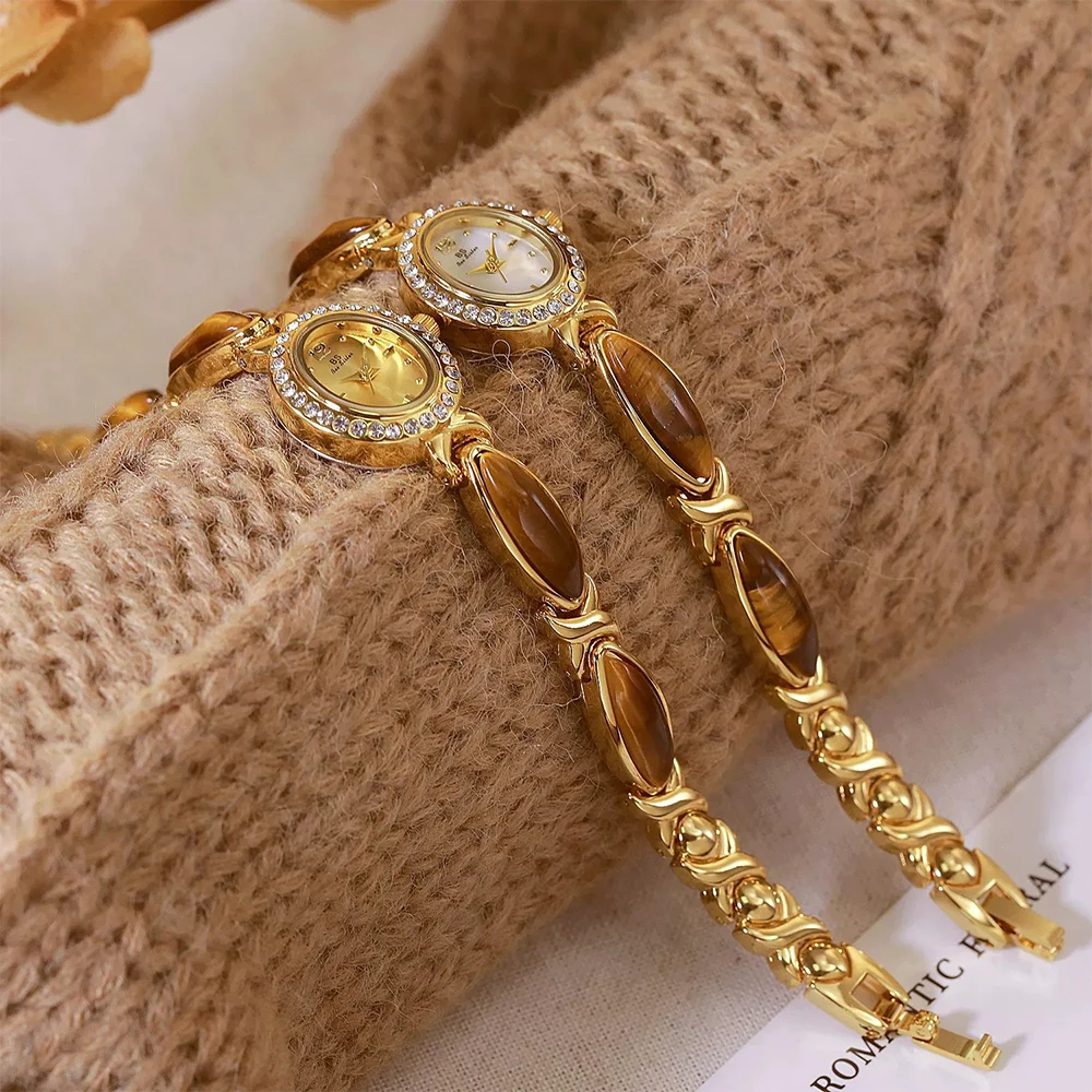 BS New Natural Tiger Eye Stone Chain Watch Ladies Elegant Waterproof Vintage Quartz Women Watches Clock Gifts