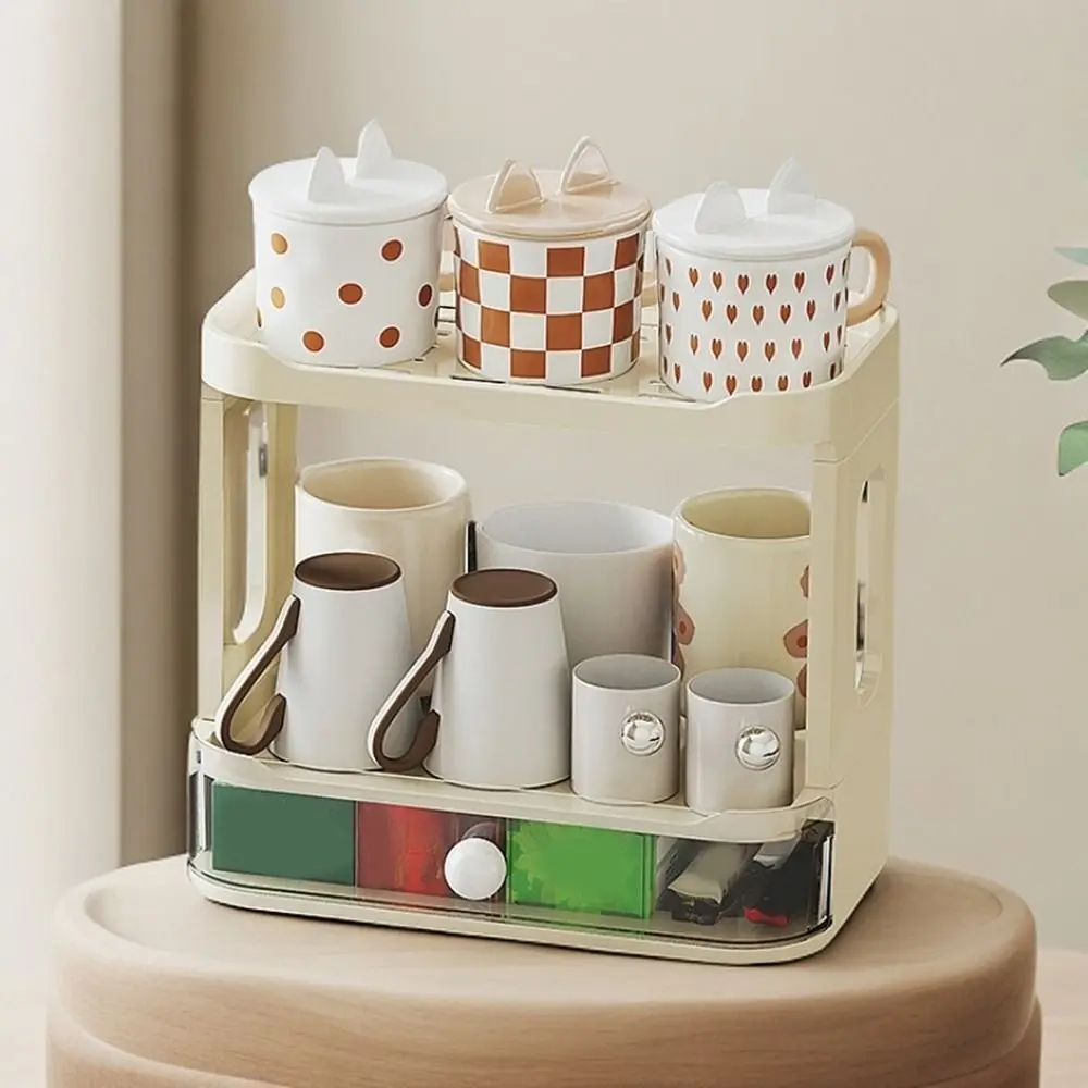 

Practical Plastic Double-Layer Cup Storage Rack Foldable Space Saving Cup Drainage Rack with Drawer Water Cup Holder for Home