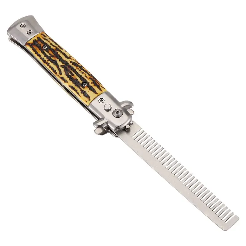 ABBZ-1Pcs Automatic Stainless Steel Combs Foldable Knife Brushes Hair Trimmer Comb Brush Accessories Butterfly Mens Pocket Knife