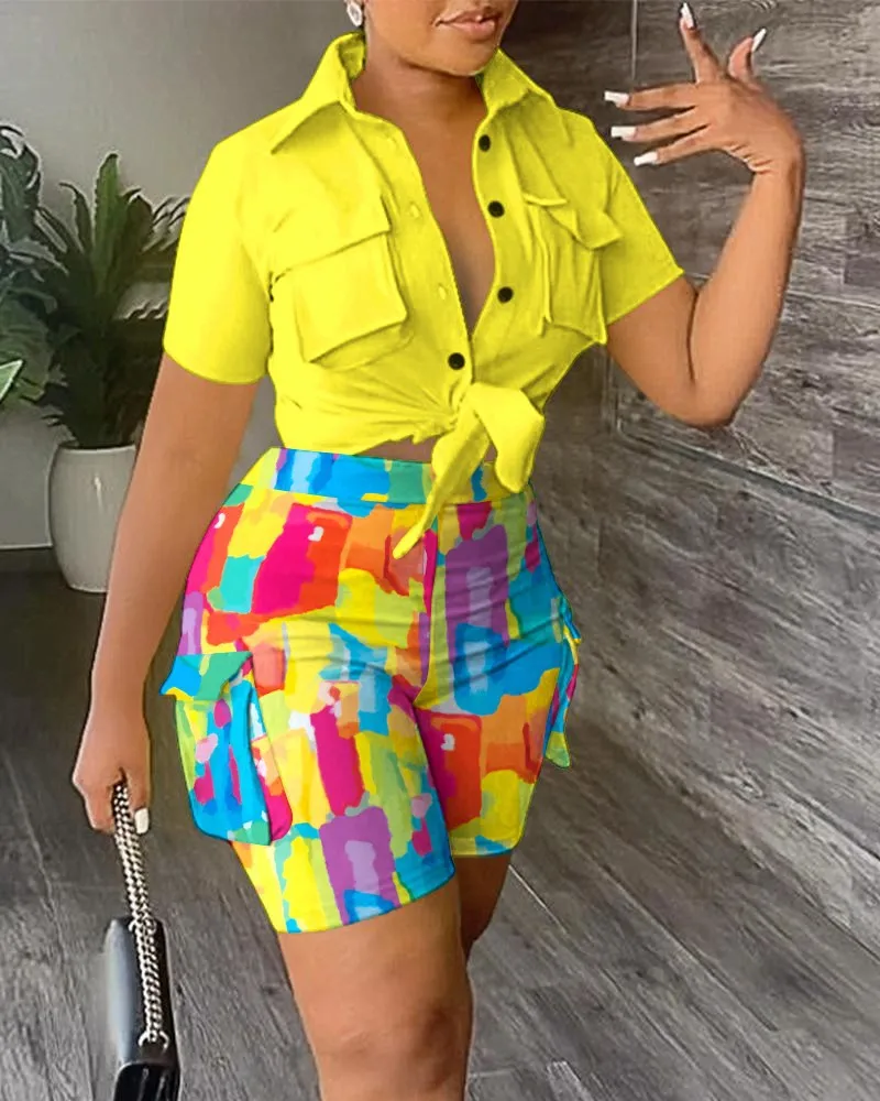 Casual Short Sleeve Shirt Shorts Set Office Lady Fashion Summer Leopard Print Turn Down Collar Two Piece Set Women Outfit 2023