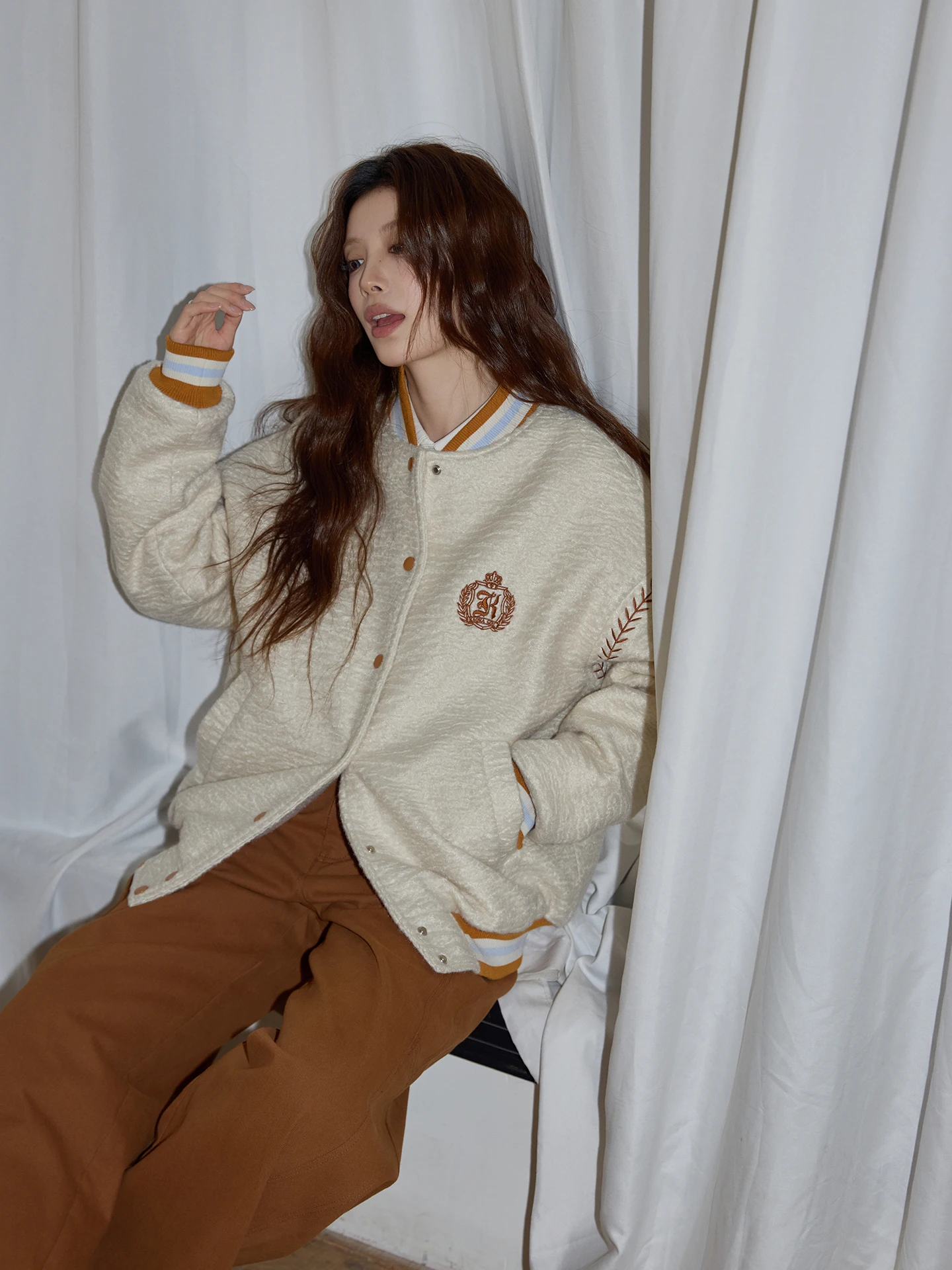 

Chaocha Home Thiened Woolen Baseball Jaet Women's Casual Loose Outerwear Warm Top Winter Faion Polyester Fiber