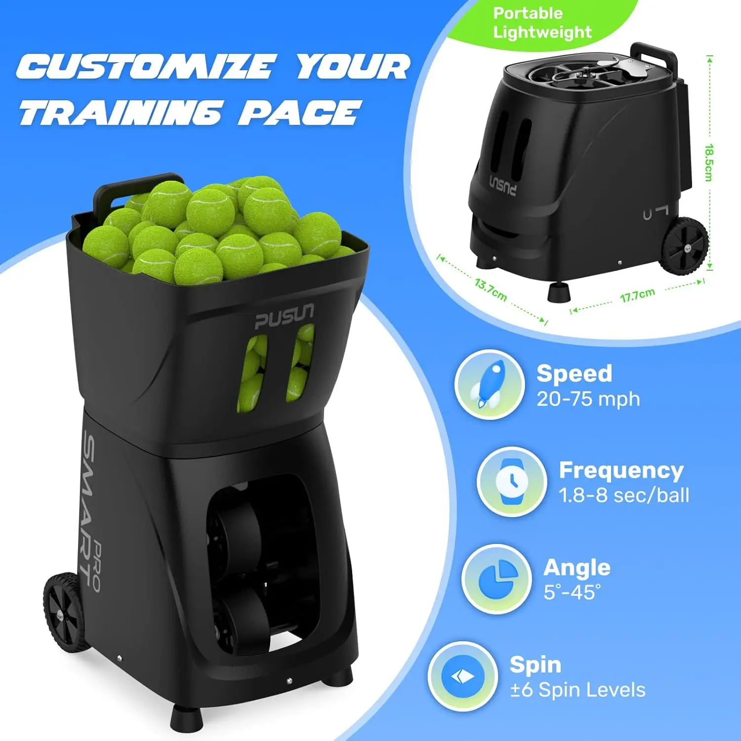 SMART PRO Tennis Ball Machine Launcher Equipment For Training Practice With