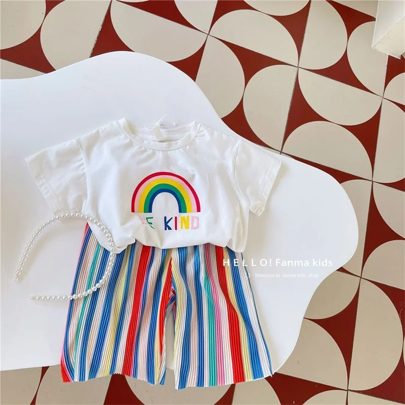 2024 Children\'s Summer Set Baby Tops and Bottoms Suit New Girl Cute Short-Sleeved T-Shirt Rainbow Pleated Pants Two-Piece 12M-8Y