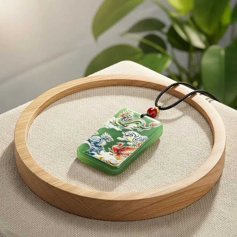 Hand Carved Green Glass Pendant Necklace Mythological Designs For Blessing Daily Wear And Gifting