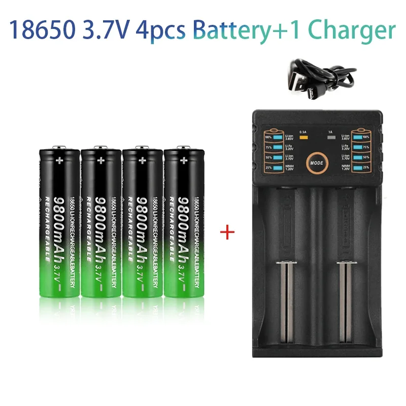 100%18650 Lithium Batteries Flashlight 18650 Rechargeable-Battery 3.7V 9800mah for Flashlight + USB charger