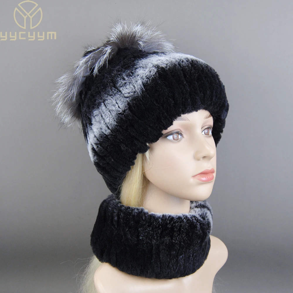 Nuevo estilo, gorro de piel de conejo Rex cálido para mujer, conjuntos de bufanda, gorro de piel de conejo Rex Natural para invierno, bufandas, gorros de piel tejidos para mujer, silenciador, 2 piezas