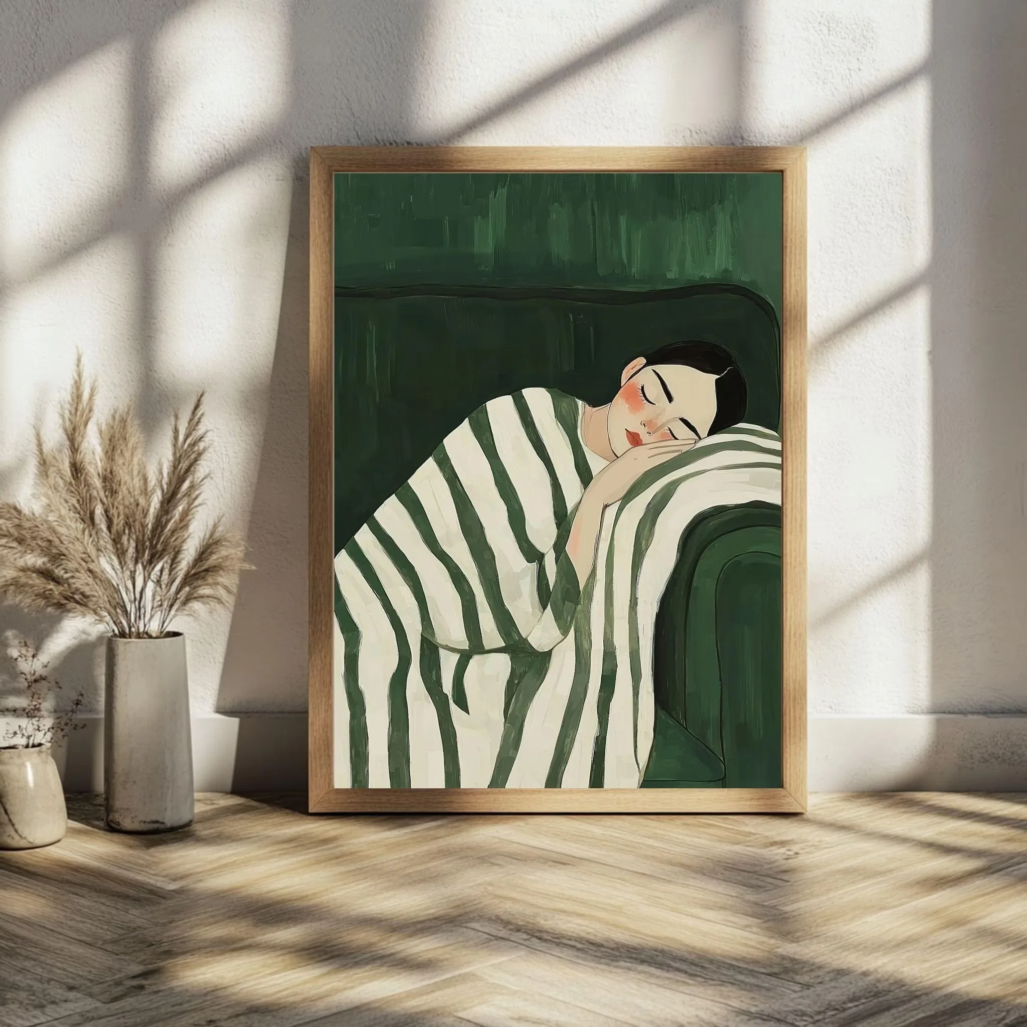 Large abstract emerald green wall art, contemporary artwork, minimalist print, home decor, striped woman print poster gift.