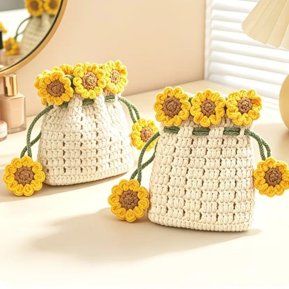 Handwoven Sunflower Design Organizer Pouch Tie Closure Adjustable Rope Hanging Storage Bag Crochet Mini Makeup Bag