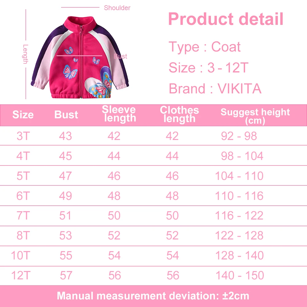 VIKITA Kids Autumn Winter Jackets Girls Butterfly Cartoon Print Outerwear and Coats Kids Zipper Warm Thick Sports Casual Jackets