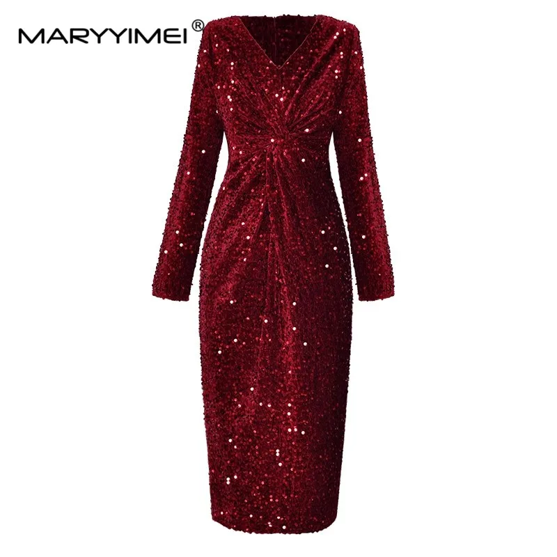 

MARYYIMEI Autumn Fashion Women's dress V-neck Long sleeved Folds Sexy Package hip Red sequins Party Dresses