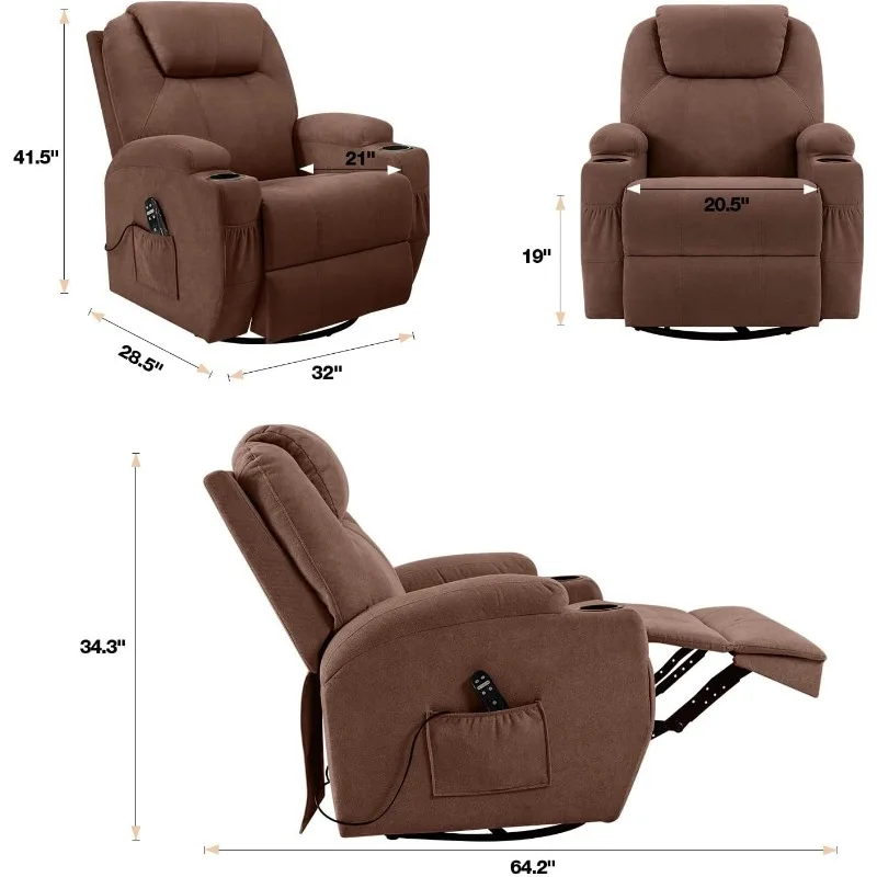 Massage Swivel Ergonomic Lounge Chair Classic Single Sofa,2 Cup Holders Side Pockets Living Room Chair Home Theater Seat (Brown)