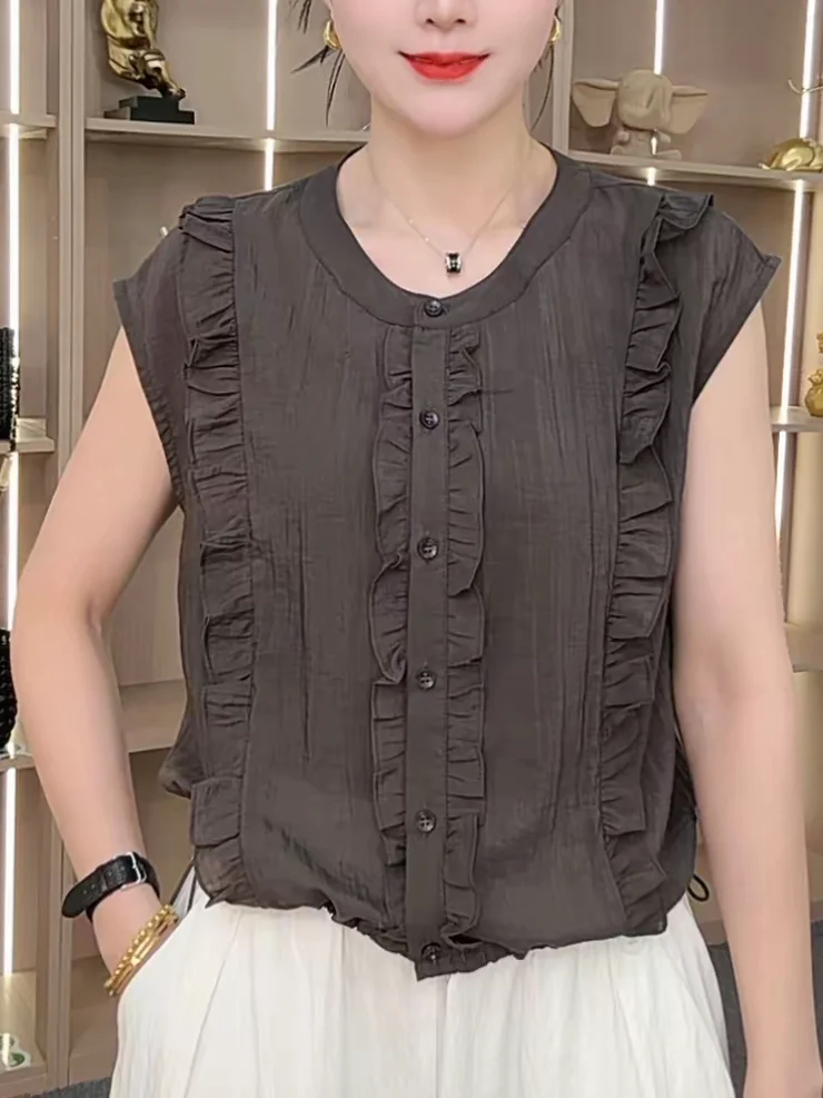 

Summer New Faion round Ne Svel irt Casual Agel Wooden Collar Flng Sve Top for Women Polyester Fiber