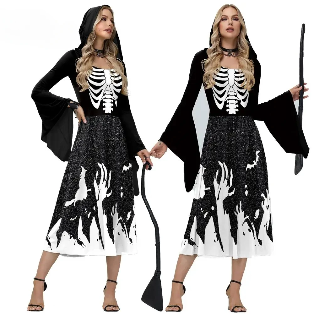 Costumes de Cosplay squelette d'halloween pour femmes, Robe médiévale, Robe de fête Vintage à capuche, vêtements effrayants de sorcière, jour des morts