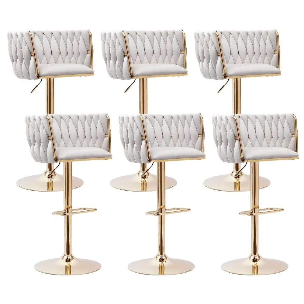 

Beige Velvet Bar Stools Set of 6 Modern Adjustable Swivel Counter Height Chairs with Woven Back, Gold Metal Leg amp Base Bar Ch
