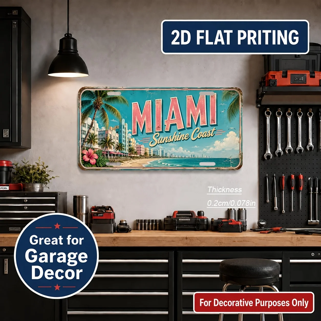 2D Flat - 【2D Flat】 2D Flat - [2D Flat] 2D Flat Printing, 1pc, Miami-Themed Retro License Plate, Home Decor, Birthday Gift, Retr