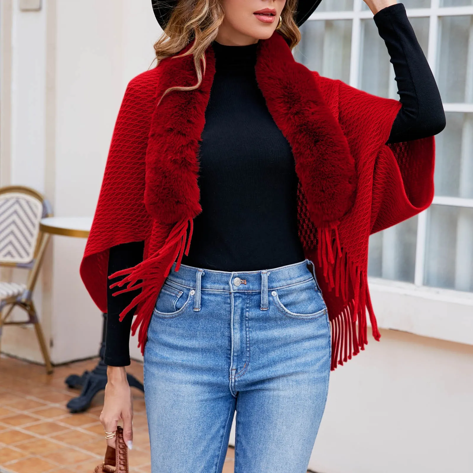 Women Winter Imitation-cashmere Shawl Scarf Lady Elegant Faux Fur Collar Capes Tassel Wraps Warm Cloak Temperament Poncho Tops