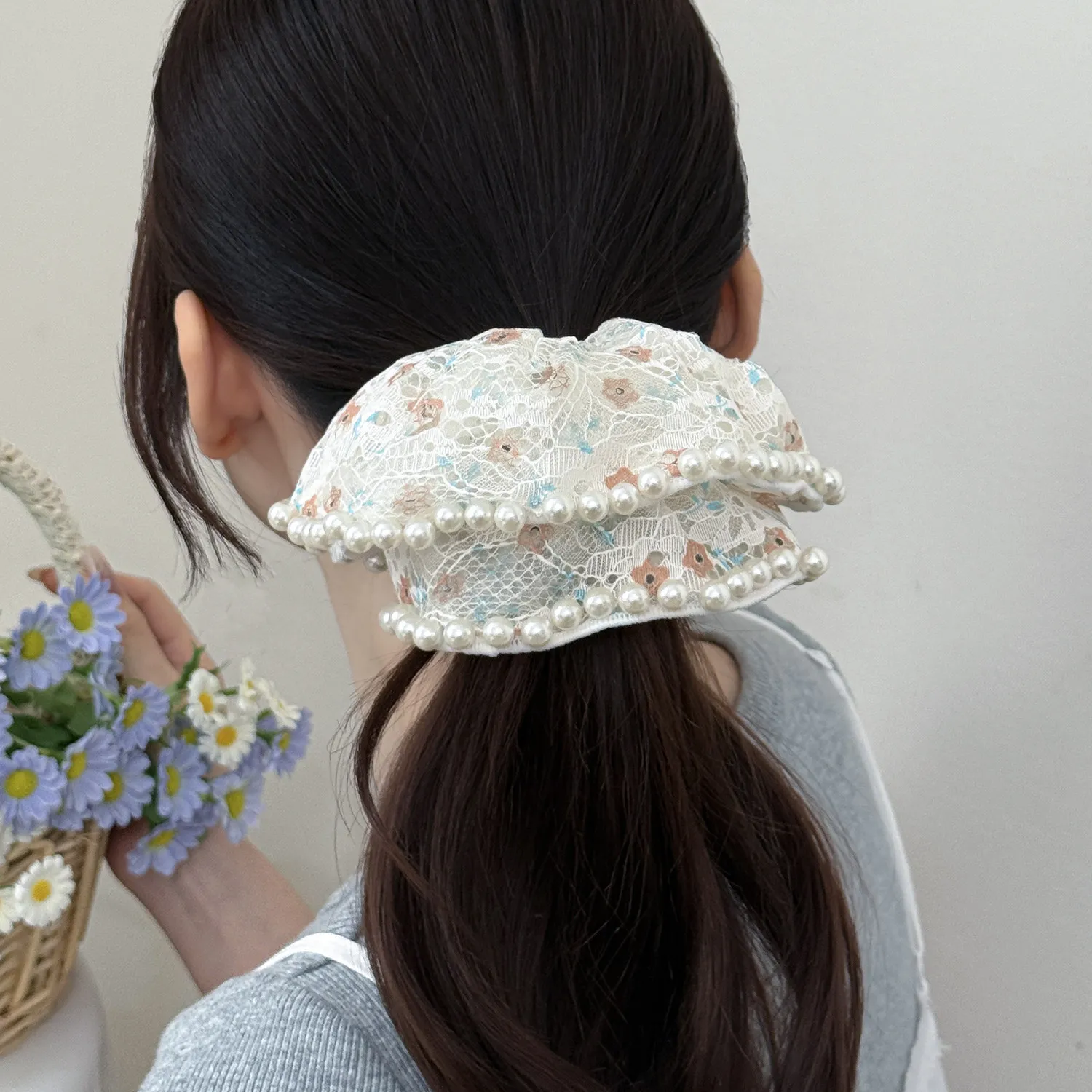 

12PCS/LOT Pearls Decotated Hair Ties for Women Hair Accessories Romantic Flowers Print Mesh Hair Scrunchies Wholesale Hair Band