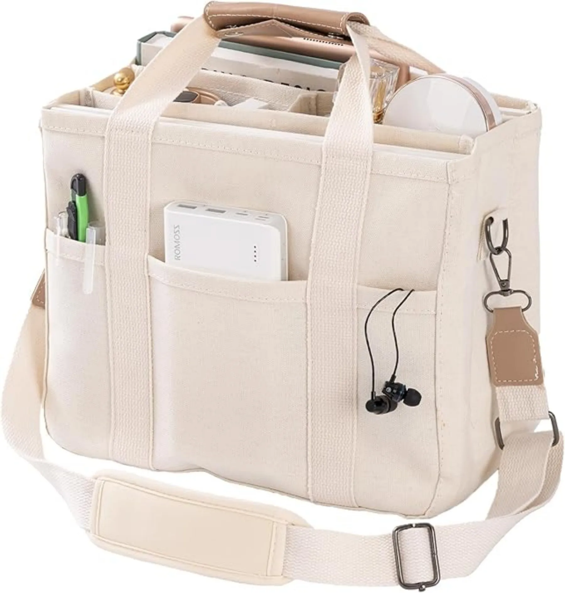 

Canvas Tote Bag with Multi Pockets Crossbody Tote Bag for Women Shoulder Handbag Everything Tote Bag with Compartments