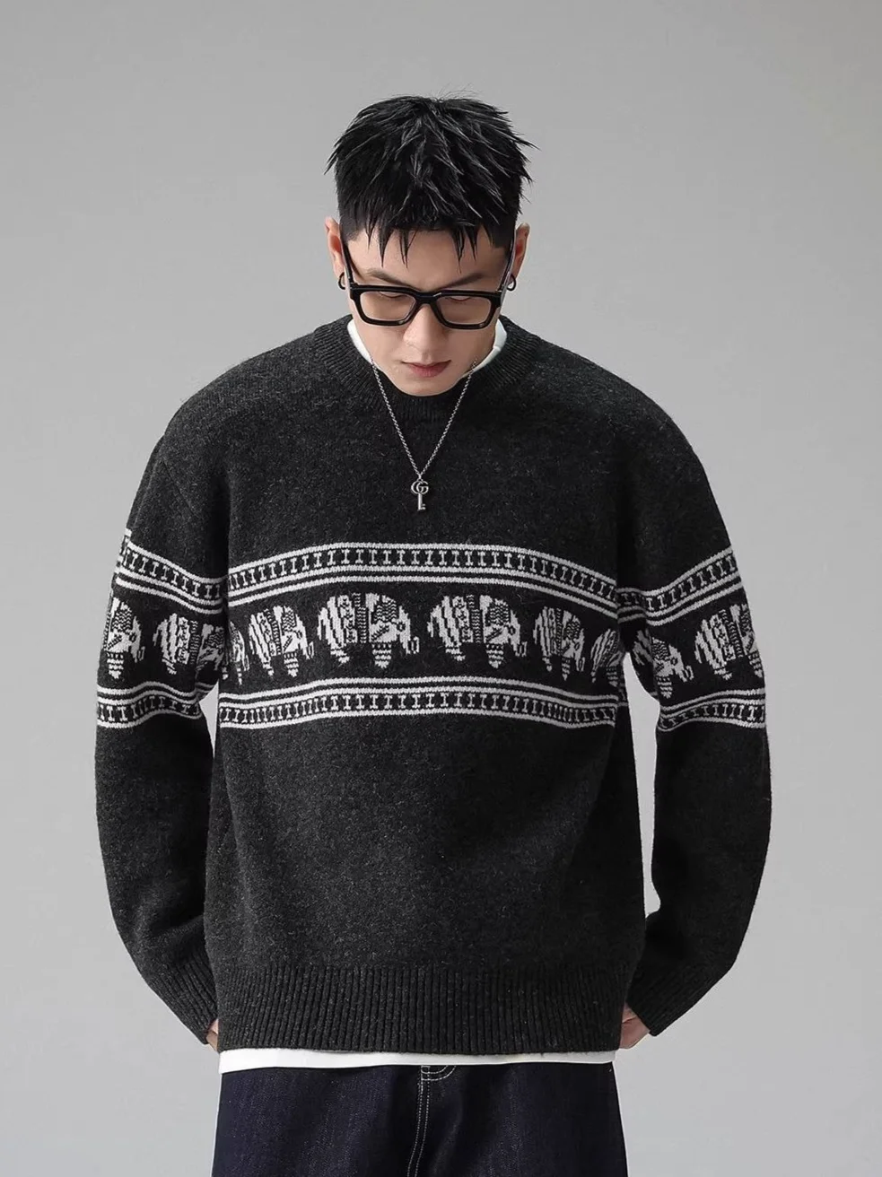 Men's Fair Isle Jacquard Sweater Jumper Winter Warm Crewneck Elephants Motifs Loose Pullover Knitwear Vintage Casual Top