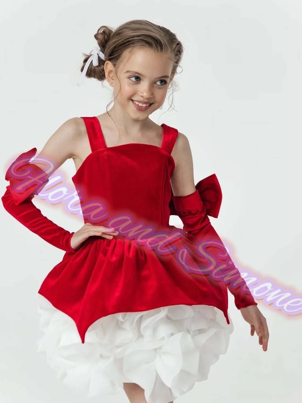 Girls Floral Flared Mini Dress Flower Girl Dress Christmas Detachable Sleeves Ruffled Velvet Hem Girls Birthday Party Dresses.