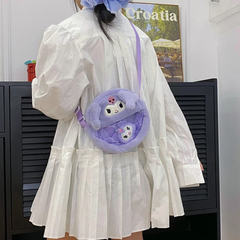 New Sanrio Kawaii Cartoon Kuromi My Melody Hello Kitty Plush PVC Doll Round Bag Transparent Visible Shoulder Hand Crossbody Bag