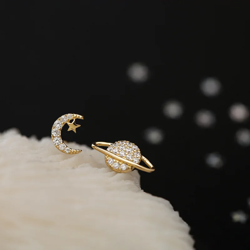 ENSHIR Moon Star Asymmetric Mini Stud Earrings for Women Simply Personality Niche Design Party Jewelry