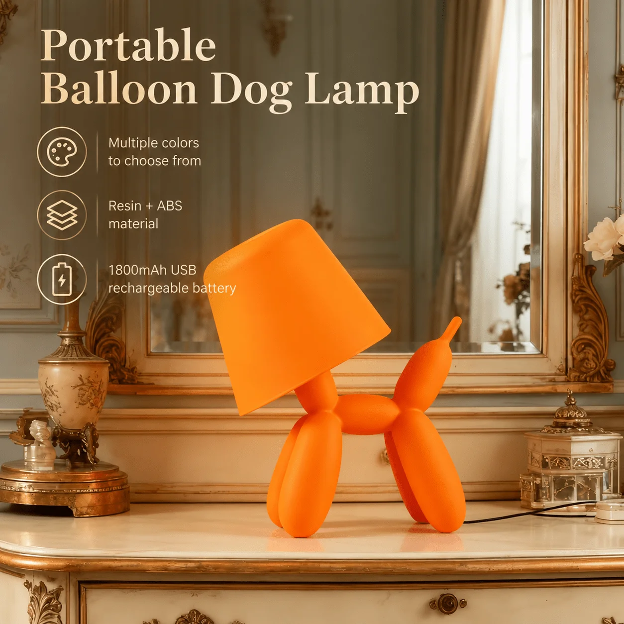 Persun Balloon Dog Desk Lamp Creative LED Lamp Bedroom Office Mirror Polishing Animal Shape Charging Decoration Bedlight