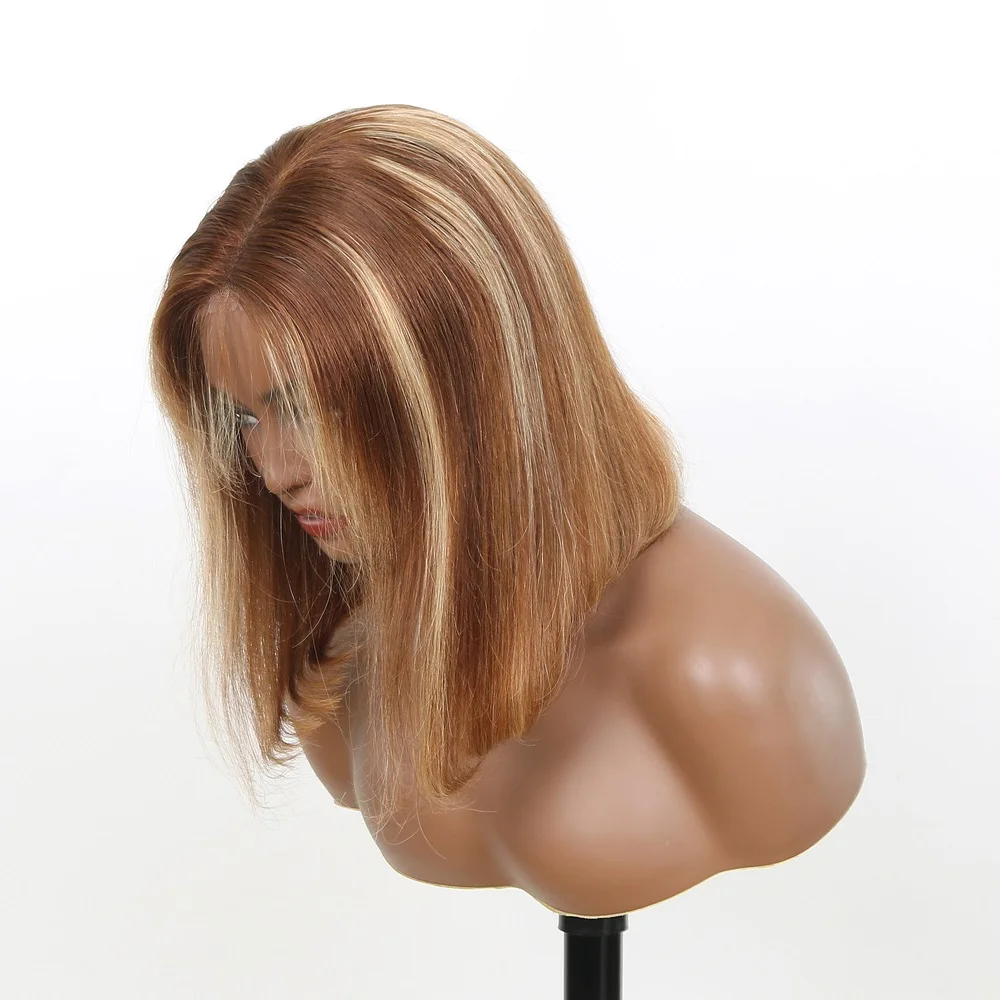 6x4 безклеевые парики из человеческих волос для женщин, предварительно выщипанные отбеленные узлы, 4/27 волос на сетке, Боб, парики, хайлайтер, прямой боб парик