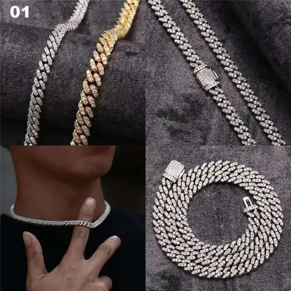 Fashion 2025 Hip Hop Icy Jewelry for Men 10mm 14mm Prong Cuban Link Chain 925 Silver Vermeil Necklaces Iced Out Vvs Diamonds.