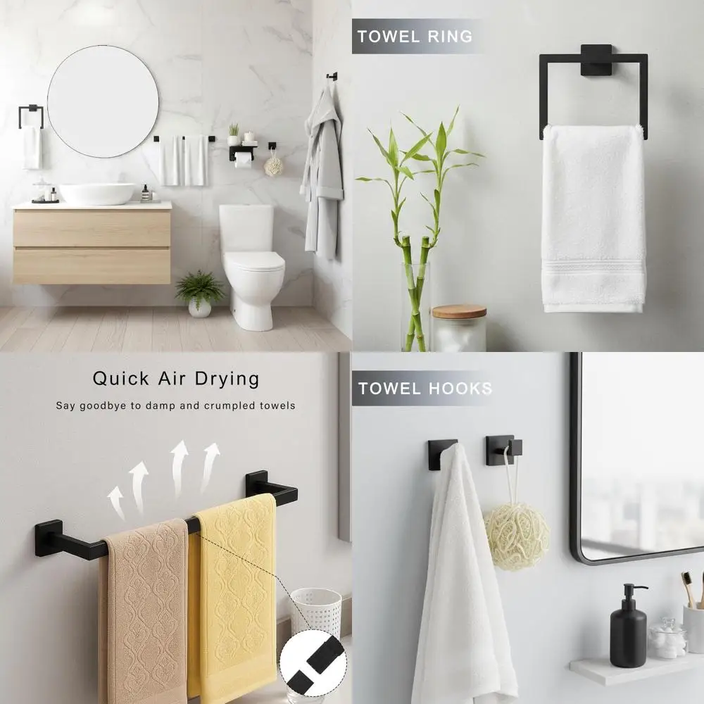 

10-Piece Matte Black Bathroom Accessory Set: Wall-Mounted Stainless Steel Hardware with Towel Bar, Rack, Toilet Paper Holder, Ho