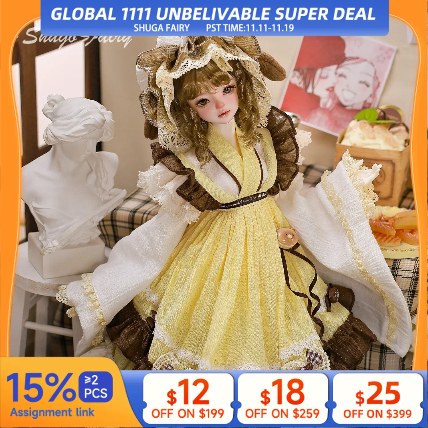 

Кукла ShugaFairy Lynn F 1/4 BJD Lolita - Poseable Bariy Body, полный набор желтых модных кукол