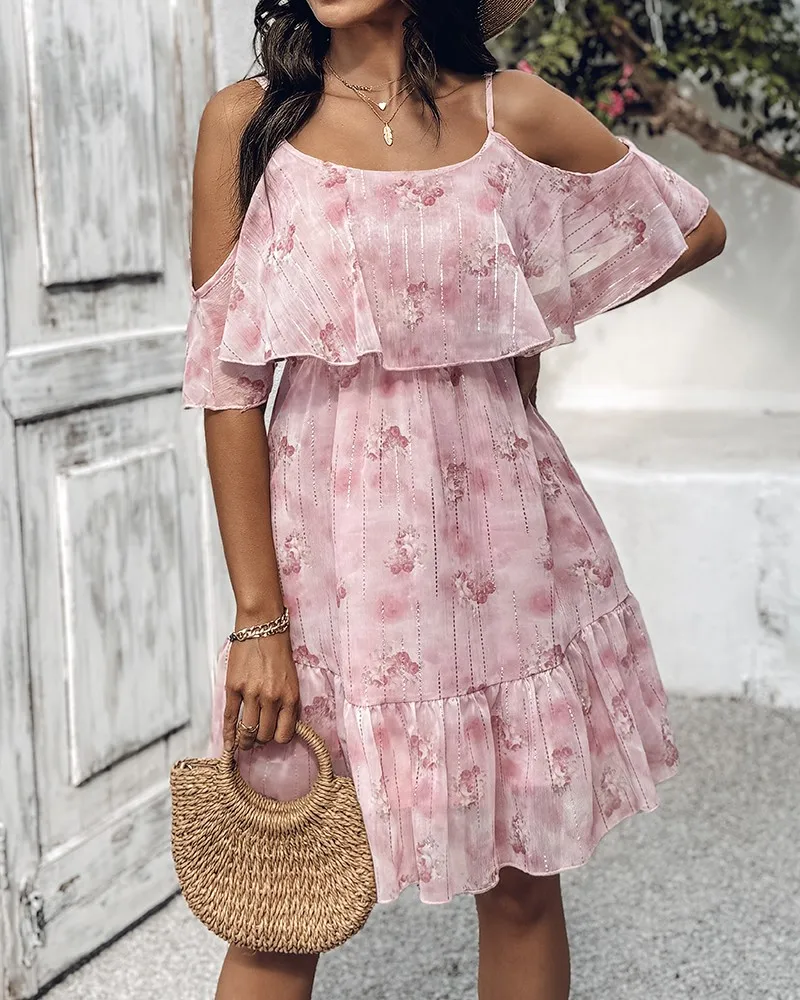 Vestido feminino de verão elegante estampa floral ombro frio alça espaguete babados vestido em camadas vestido doce