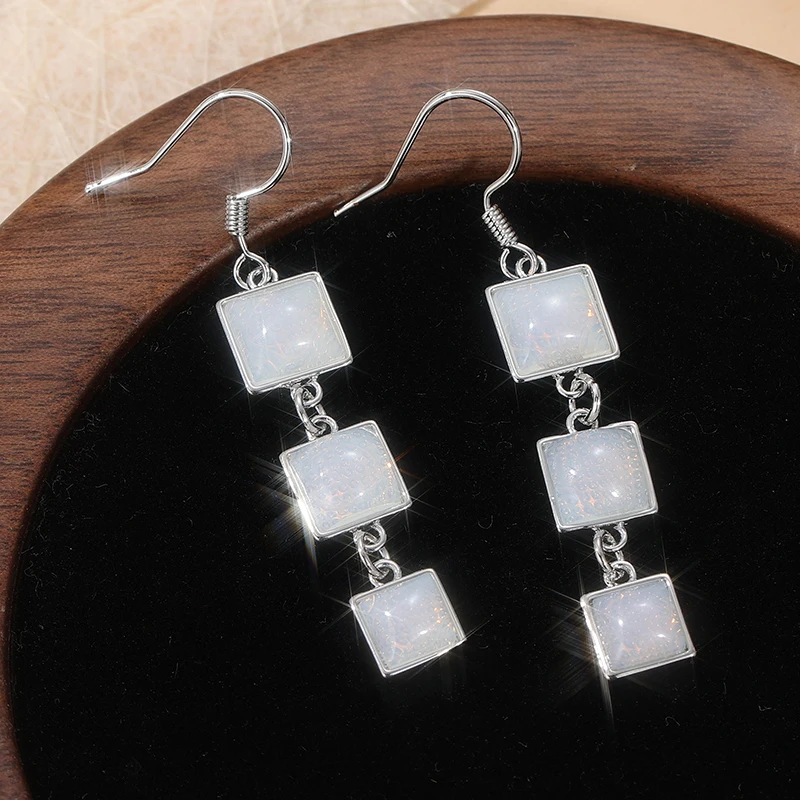 Bohemian Style Square Synthetic Moonstone Long Dangle Earrings Women's Elegant Exquisite Design Wedding Banquet Jewelry Pendant