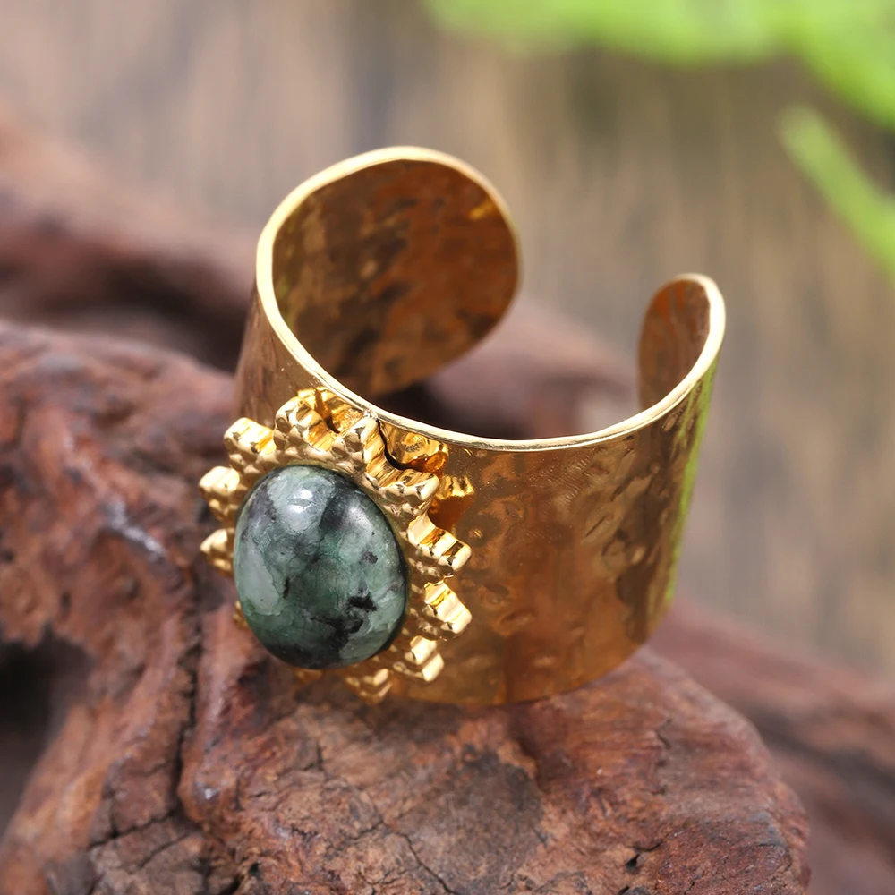 Fashion Geometric Wide Stainless Steel Rings for Women Accessories New Trendy Green Resin Gold Color Open Ring Party Jewelry
