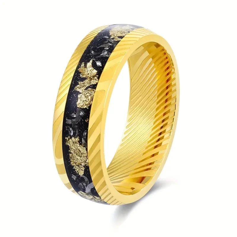 Stunning 8mm Damascus Steel Ring with Golden Leaf & Meteorite Inlay-Perfect for Weddings, Anniversaries & Engagements