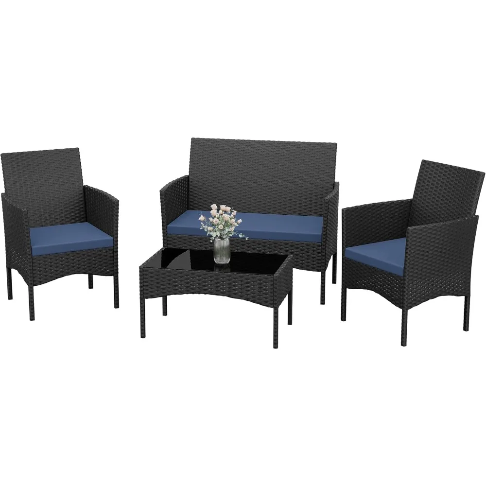 

Patio Furniture Set 4 Pieces Outdoor Wicker Rattan Chairs Conversation Sets w/Coffee Table, Rocking Bistro Set, for Deck,Patio,