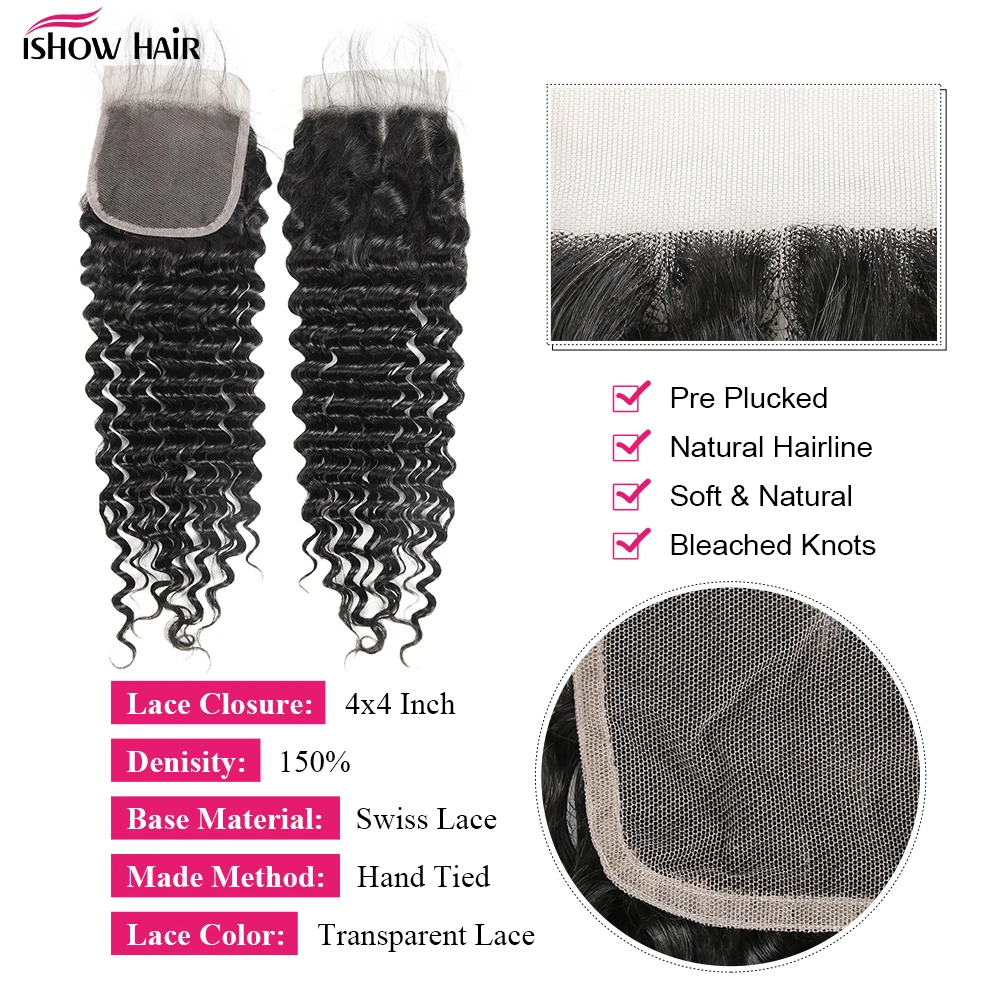 Ishow Brazilian Deep Wave Human Hair Bundles With Closure For Women 3/4 Bundles With 4x4 Lace Closure Remy Human Hair Extension