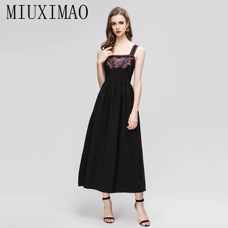 

MIUXIMAO 2023 Elegant and Pretty Women's Dresses Fashion Retro Flower Butterfly Embroidery Long Dress Women Black Female Dress