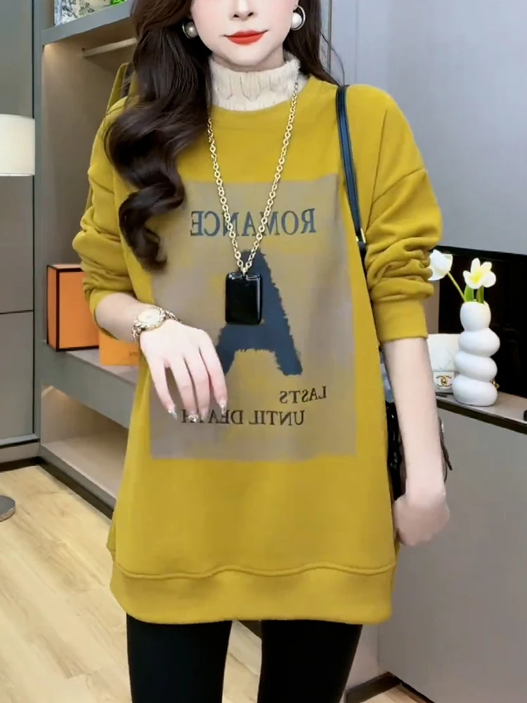 여성용 기모 안감 중간 길이 하이 칼라 스웨트셔츠 겨울 신상 한국 스타일 다용도 배 커버 자켓