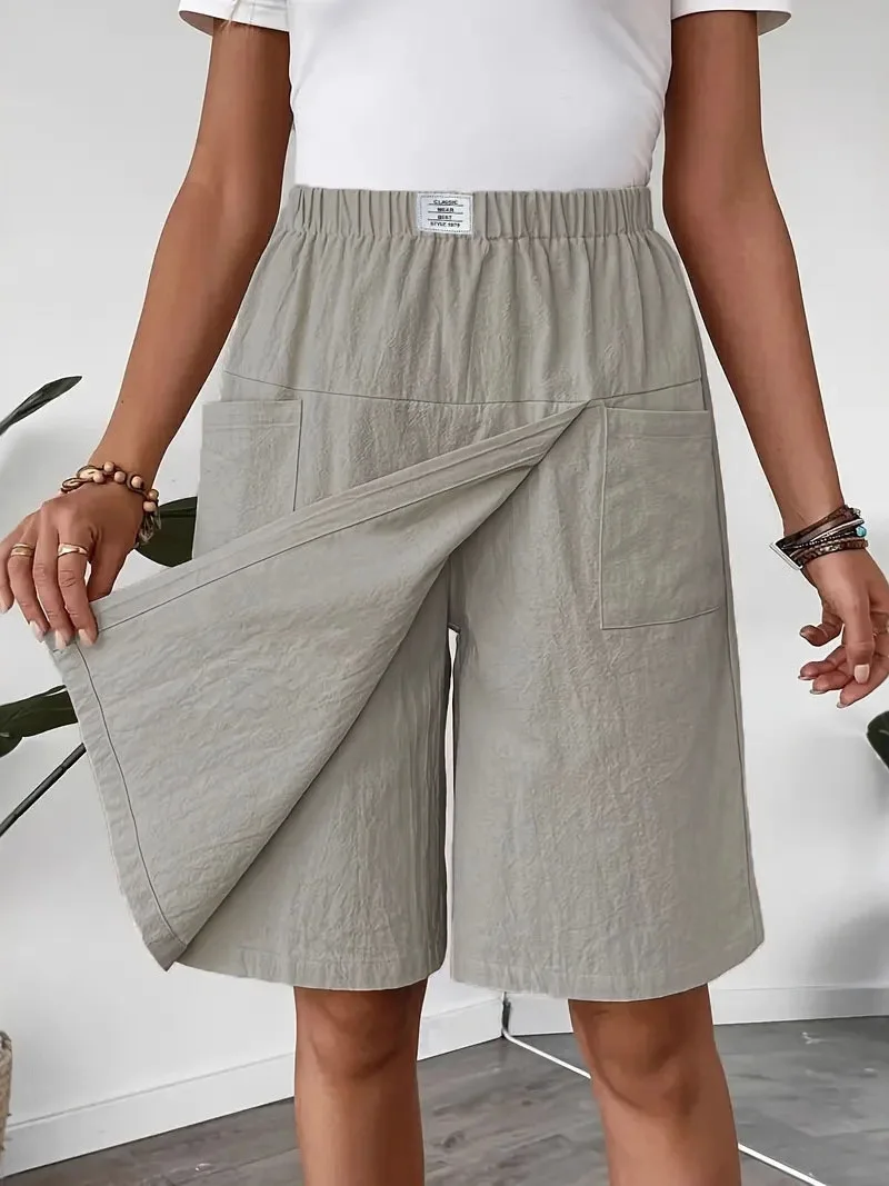 Casual Loose Women's Shorts Pocket Detail Skort Mid-Low Waist Straight Leg Polyester Fiber Ladies Fashion Autumn Collection
