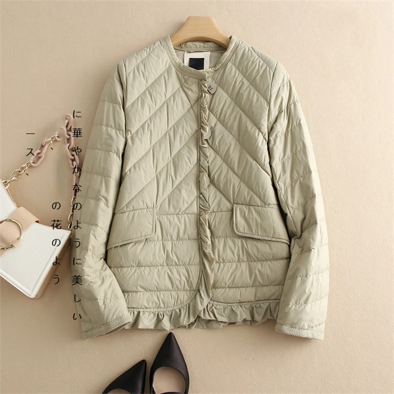 2023 New Autumn Winter Warm Down Coat Women Ruffles Light White Duck Down Jacket Ladies Casual Slim Puffer Parkas Short Outwears